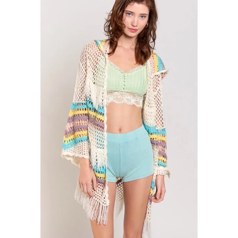 POL Beige Blue Crochet Hooded Cardigan with Fringe